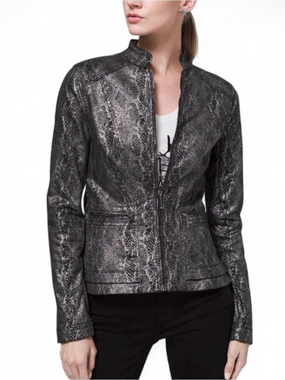 NWT White House Black Market Foiled Print Peplum Jacket Black Silver Snakeskin 2